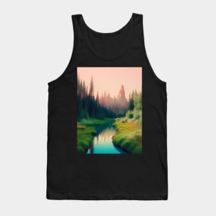 AI Generated Art Scenery - Lush Green Forest Mountains In The Back And River Tank Top